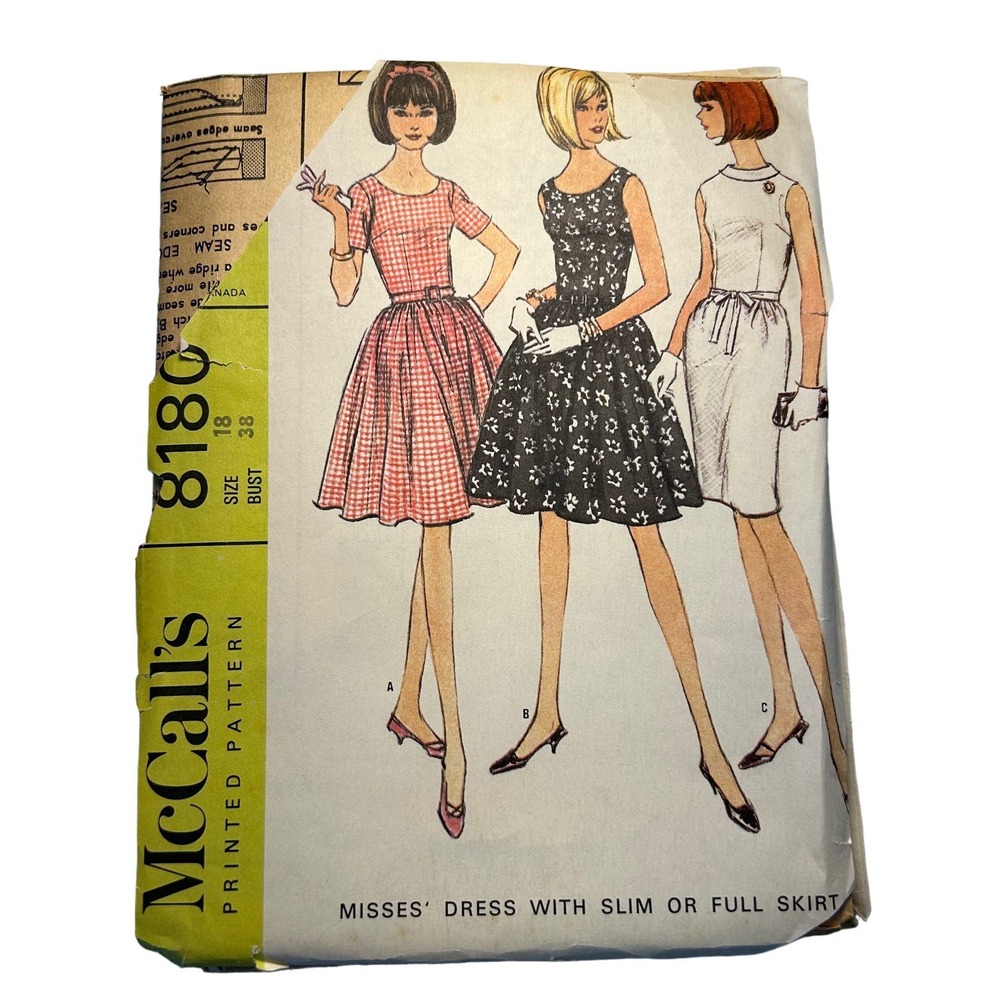 McCalls Vintage 1960's Pattern #8180 Misses Dress With Full‎ or Slim Skirt Sz 18